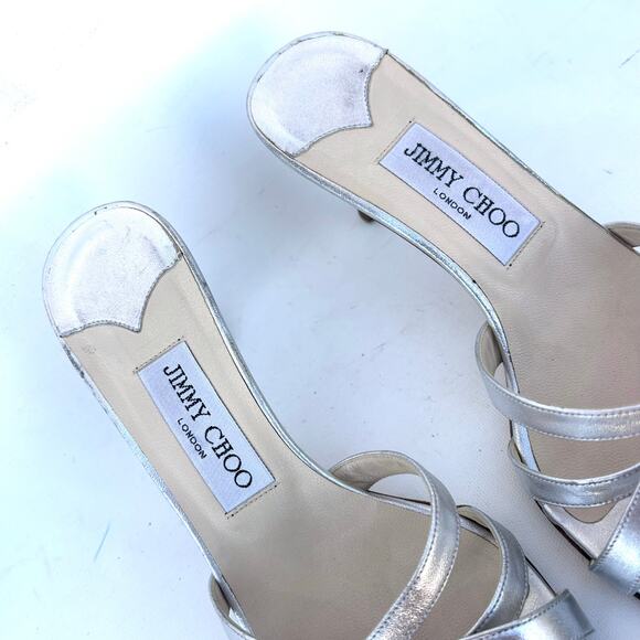 Vintage Y2K Jimmy Choo Strappy Kitten Heels Silver Metallic Low Pumps 6.5 Mules - Picture 4 of 8